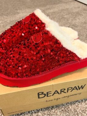 BearPaw Red Sequin Portia suede Fuzzy-Lined Slide size 9